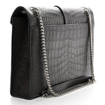 Calfskin Crocodile Embossed Large Monogram Satchel Dark Brown