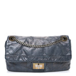 Metallic Crackled Calfskin Perforated Drill Flap Silver