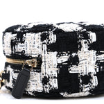 Tweed Quilted Round Clutch With Chain Black Ecru White