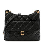 Shiny Crumpled Calfskin Quilted Large Wavy CC Hobo Black