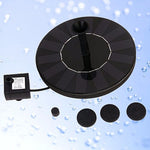 Black solar panel and water pump on a light blue background with water droplets.