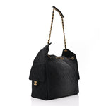 Washed Denim Quilted Medium Chanel 25 Handbag Black