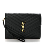 Grain De Poudre Matelasse Chevron Monogram Envelope Clutch Black