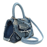 Denim Patchwork Small Hourglass Top Handle Bag Washed Blue