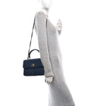 Lambskin Chevron Quilted Small Trendy CC Flap Dual Handle Bag Navy