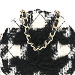 Wool Tweed Lambskin Quilted Round Clutch With Chain and Coin Purse Black White