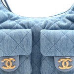 Washed Denim Quilted Large Trendy Pockets Hobo Blue