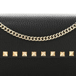 Pebbled Calfskin Rockstud Flap Wallet On Chain Black