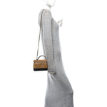 Suede Calfskin Shiny Lambskin Stitched Top Handle Slim Vanity Case With Chain Beige Black