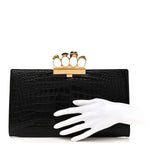 Calfskin Crocodile Embossed Knuckle Flat Clutch Black Gold