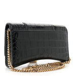 Shiny Calfskin Crocodile Embossed Hourglass Chain Bag Black