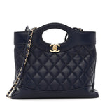 Shiny Crumpled Calfskin Quilted Mini 31 Shopping Bag Navy Blue