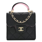 Lambskin Quilted Bi-Color Top Handle Clutch With Chain Black Pink
