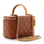 Lambskin Quilted Small Top Handle Vanity Case With Chain Light Brown Yellow