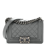 Metallic Calfskin Quilted Small Boy Flap Dark Silver