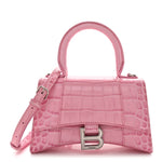 Shiny Calfskin Crocodile Embossed Hourglass Top Handle Bag XS Sweet Pink