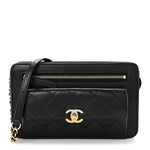 Lambskin Quilted Front Pocket Clutch With Chain Black