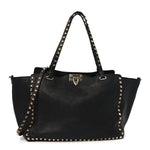 Pebbled Calfskin Medium Rockstud Tote Black