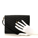Grain De Poudre Matelasse Chevron Monogram Envelope Clutch Black