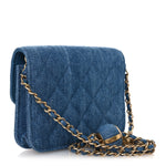 Denim Quilted CC Pearl Crush Clutch With Chain Blue