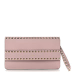 Pebble Calfskin Rockstud Side Slip Wristlet Clutch Water Rose