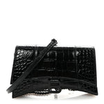 Shiny Calfskin Monochrome Crocodile Embossed Small Hourglass Evening Chain Bag Black