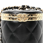 Metal Lambskin Quilted Mini Lock Frame Vanity Clutch Black