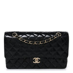 Patent Quilted Sparkle Glitter Medium Double Flap Black