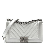 Metallic Caviar Chevron Quilted Medium Boy Flap Silver