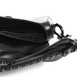 Shiny Crinkled Calfskin Studded Saddle Bag Black
