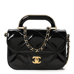 Metallic Mirror Calfskin Mini Top Handle Clutch With Chain  Black