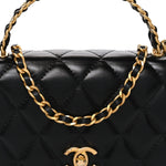 Shiny Calfskin Quilted Metal Top Handle Wallet On Chain WOC Black