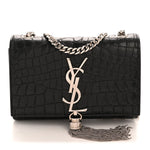 Calfskin Crocodile Embossed Small Classic Monogram Kate Tassel Satchel Black