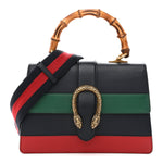 Moon Calfskin Web Medium Dionysus Bamboo Top Handle Bag Blue Emerald Hibiscus Red