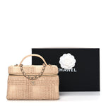 Braided Raffia Quilted Top Handle Slim Vanity Case With Chain Beige