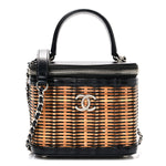 Calfskin Raffia Small Vanity Case Bag Black Beige