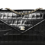 Calfskin Crocodile Embossed Envelope Clutch With Strap Black