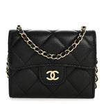 Caviar Quilted Flap Card Holder On Chain Black