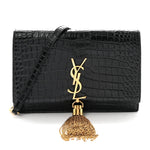 Calfskin Crocodile Embossed Kate Monogram Tassel Chain Wallet Black