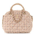 Cotton Wool Tweed Sequin Quilted Shiny Coco Clutch With Chain Light Pink Beige Ecru