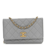 Caviar Quilted Textured CC Wallet On Chain WOC Grey