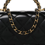 Shiny Lambskin Quilted Twisted Links Top Handle Flap Black