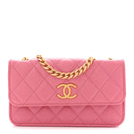 Lambskin Quilted Pillow Crush Flap Phone Holder With Chain Pink