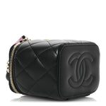Lambskin Quilted Top Handle Mini Vanity Case With Chain Black Pink