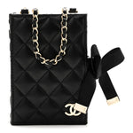 Lambskin Quilted Book Card Holder on Chain Black