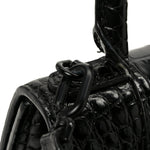 Shiny Calfskin Monochrome Crocodile Embossed Small Hourglass Top Handle Bag Black