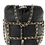 Lambskin Bucket Chain Drawstring Bag Black