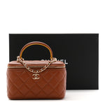 Lambskin Quilted Small Top Handle Vanity Case With Chain Light Brown Yellow