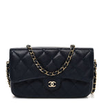 Caviar Quilted Flap Phone Holder With Chain Navy Blue