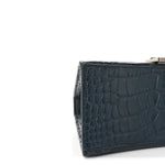 Shiny Calfskin Crocodile Embossed Small Hourglass Top Handle Bag Dark Petrol Blue